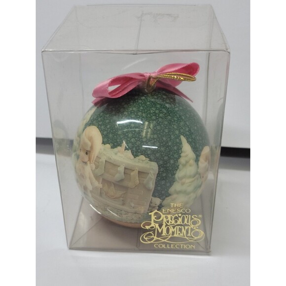 Lot of 4 Precious Moments Holiday Ornaments 1994 Enesco Round Balls Bows - Picture 1 of 16